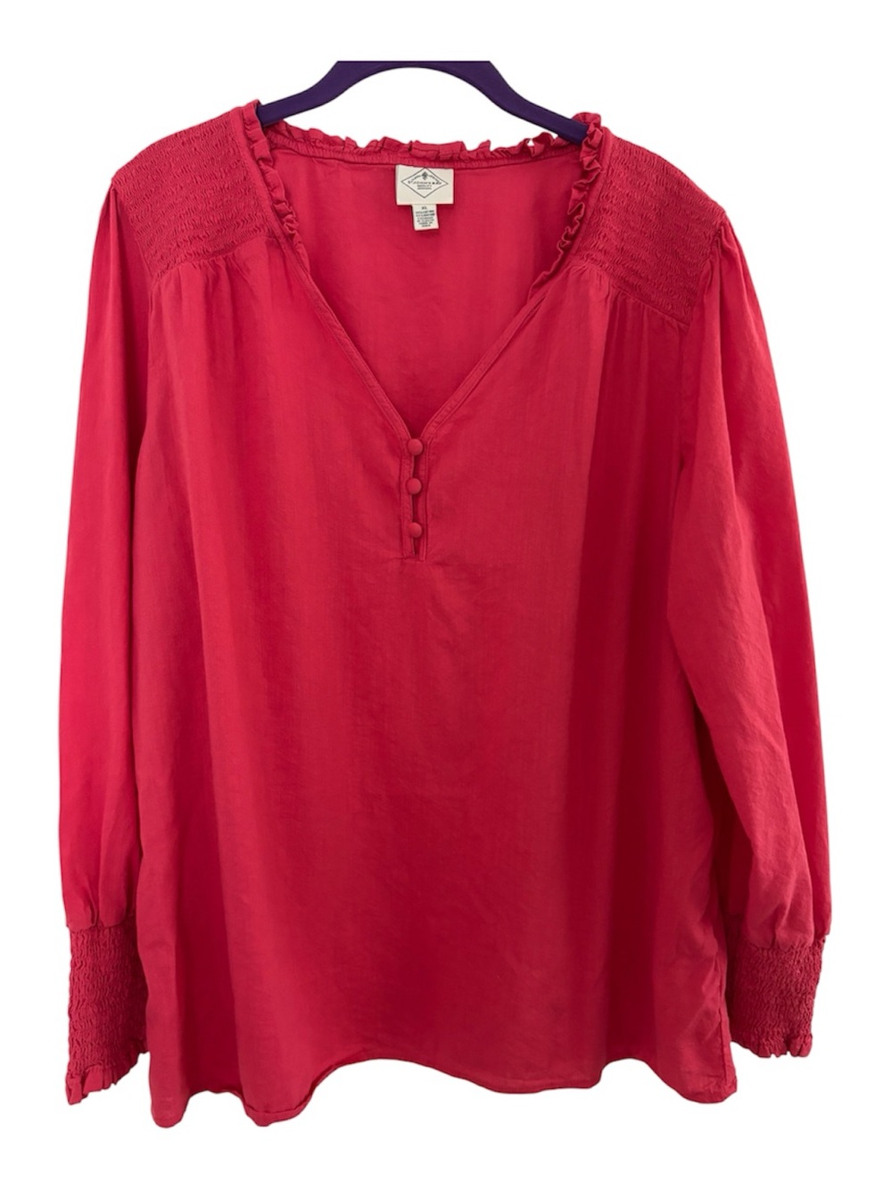 XL St. John's Bay Fuschia V-Neck Smocked Shoulder Blouse Peasant Ruffle